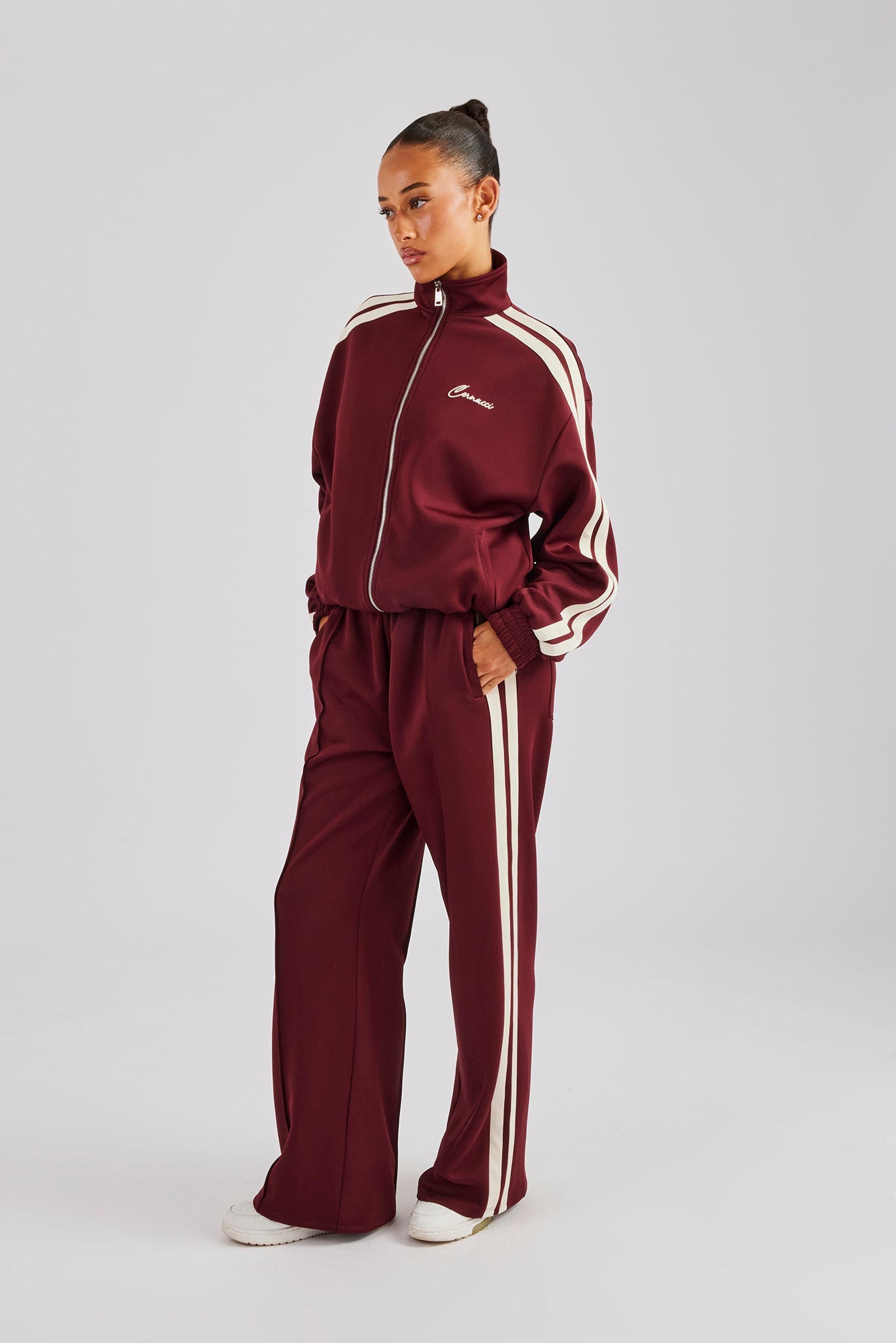 Funnel Neck Taping Zip Through Tracksuit - Burgundy | Womens Sets