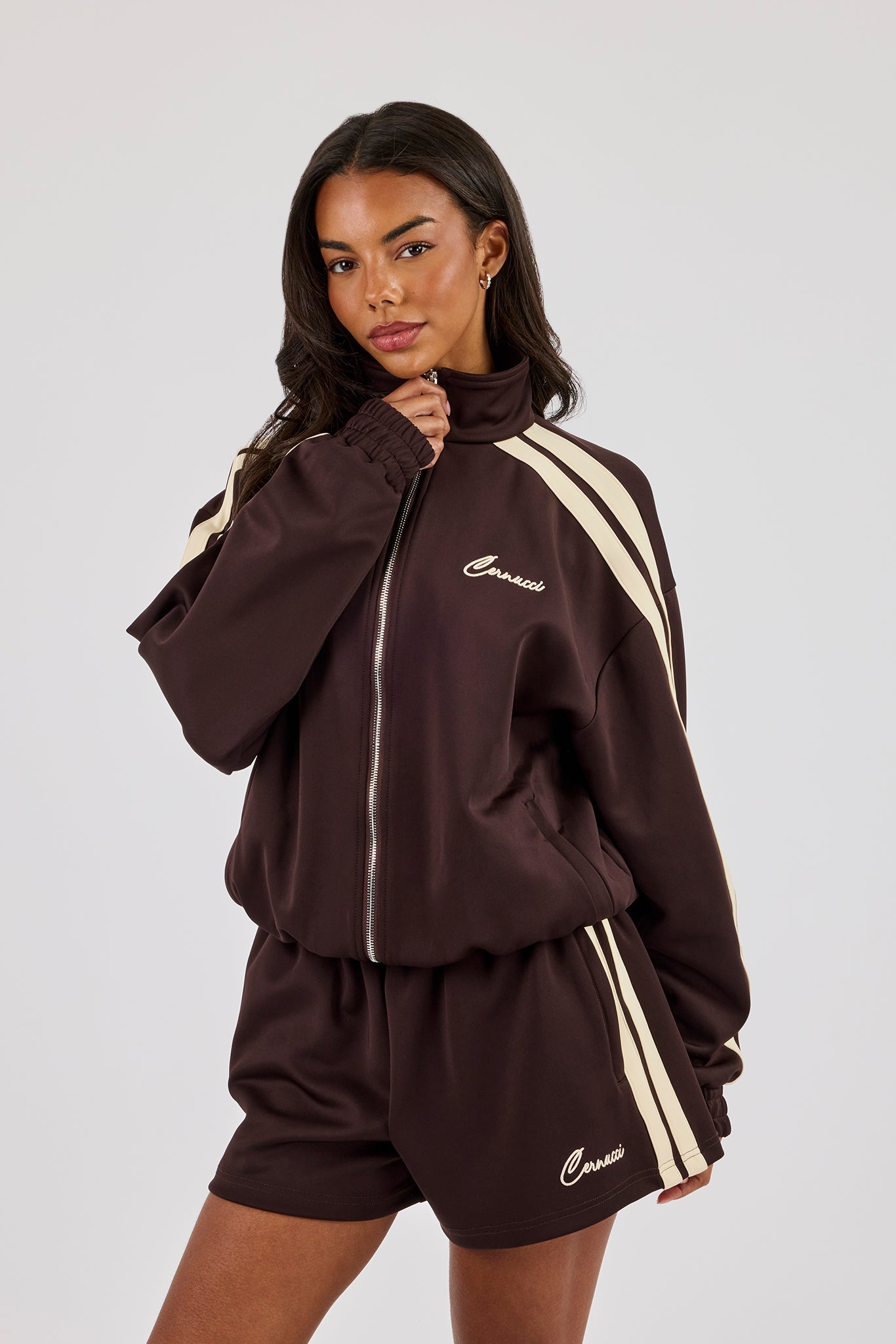 Funnel Neck Butter Yellow Taping Zip Through Track Jacket - Chocolate