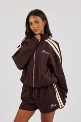 Funnel Neck Butter Yellow Taping Zip Through Track Jacket - Chocolate