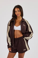 Funnel Neck Butter Yellow Taping Zip Through Track Jacket - Chocolate