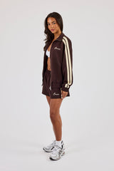Funnel Neck Butter Yellow Taping Zip Through Jacket & Short - Chocolate