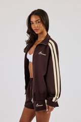 Funnel Neck Butter Yellow Taping Zip Through Track Jacket - Chocolate