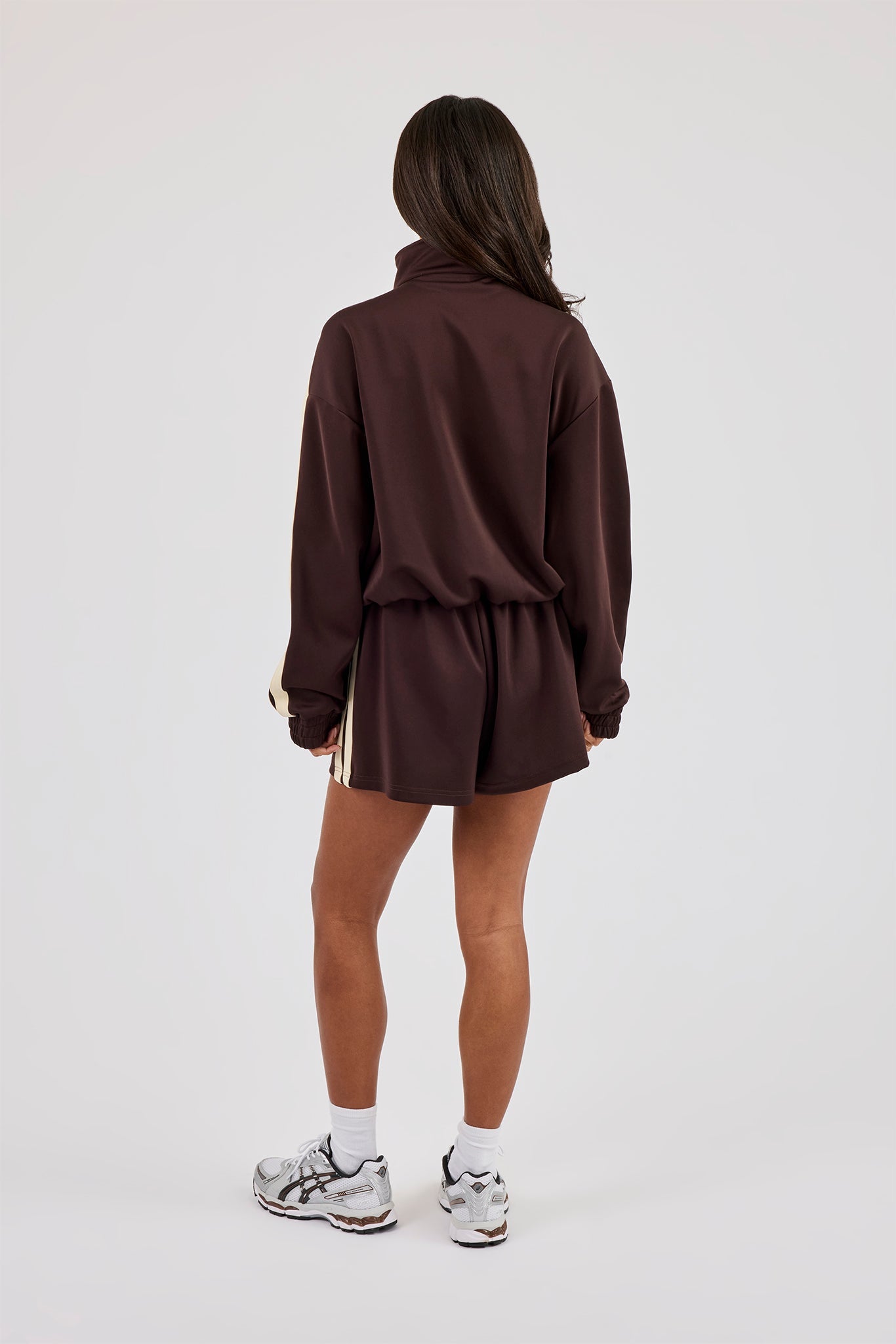 Funnel Neck Butter Yellow Taping Zip Through Jacket & Short - Chocolate