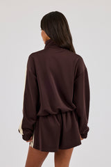 Funnel Neck Butter Yellow Taping Zip Through Track Jacket - Chocolate