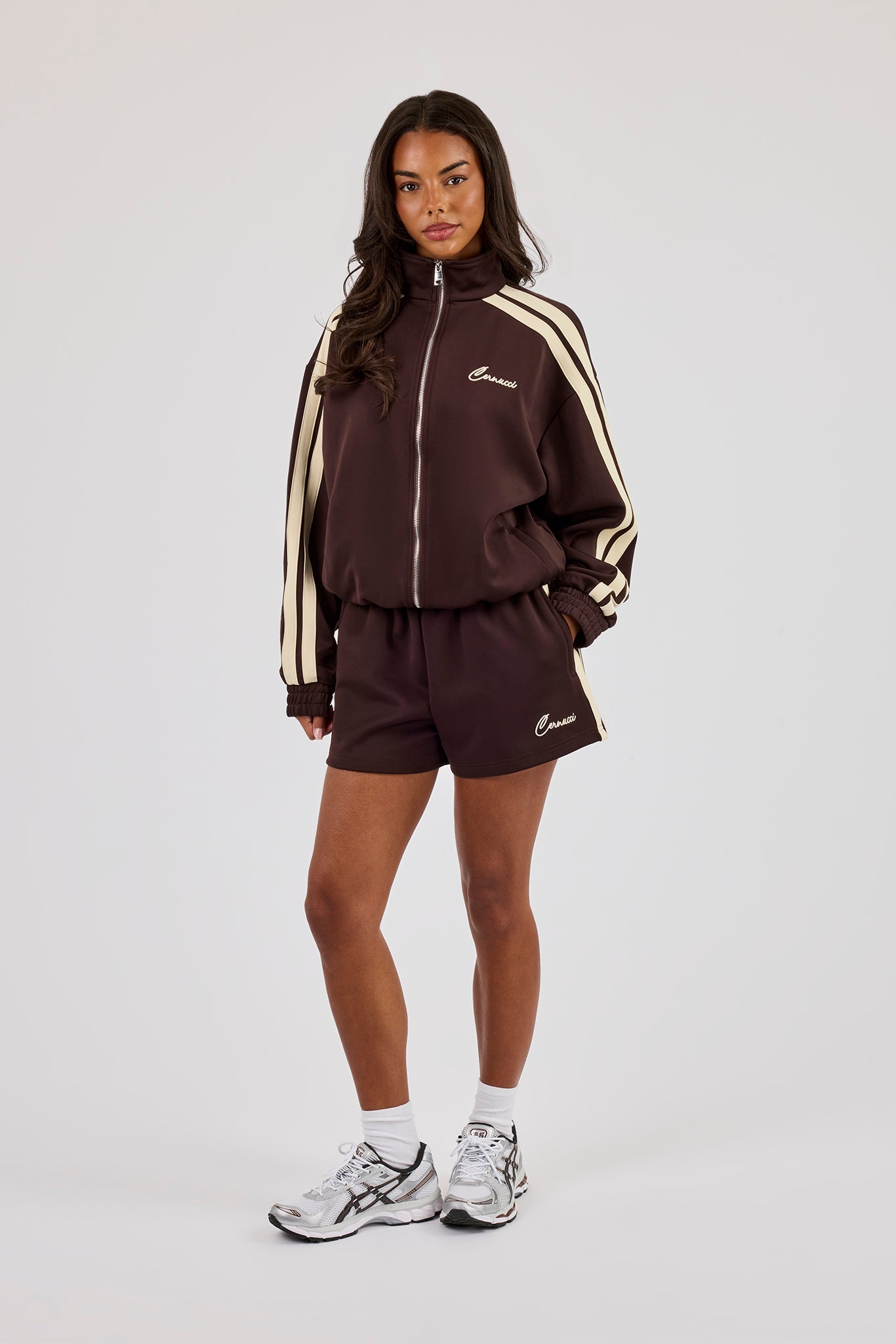 Funnel Neck Butter Yellow Taping Zip Through Jacket & Short - Chocolate