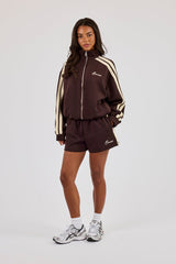 Funnel Neck Butter Yellow Taping Zip Through Jacket & Short - Chocolate