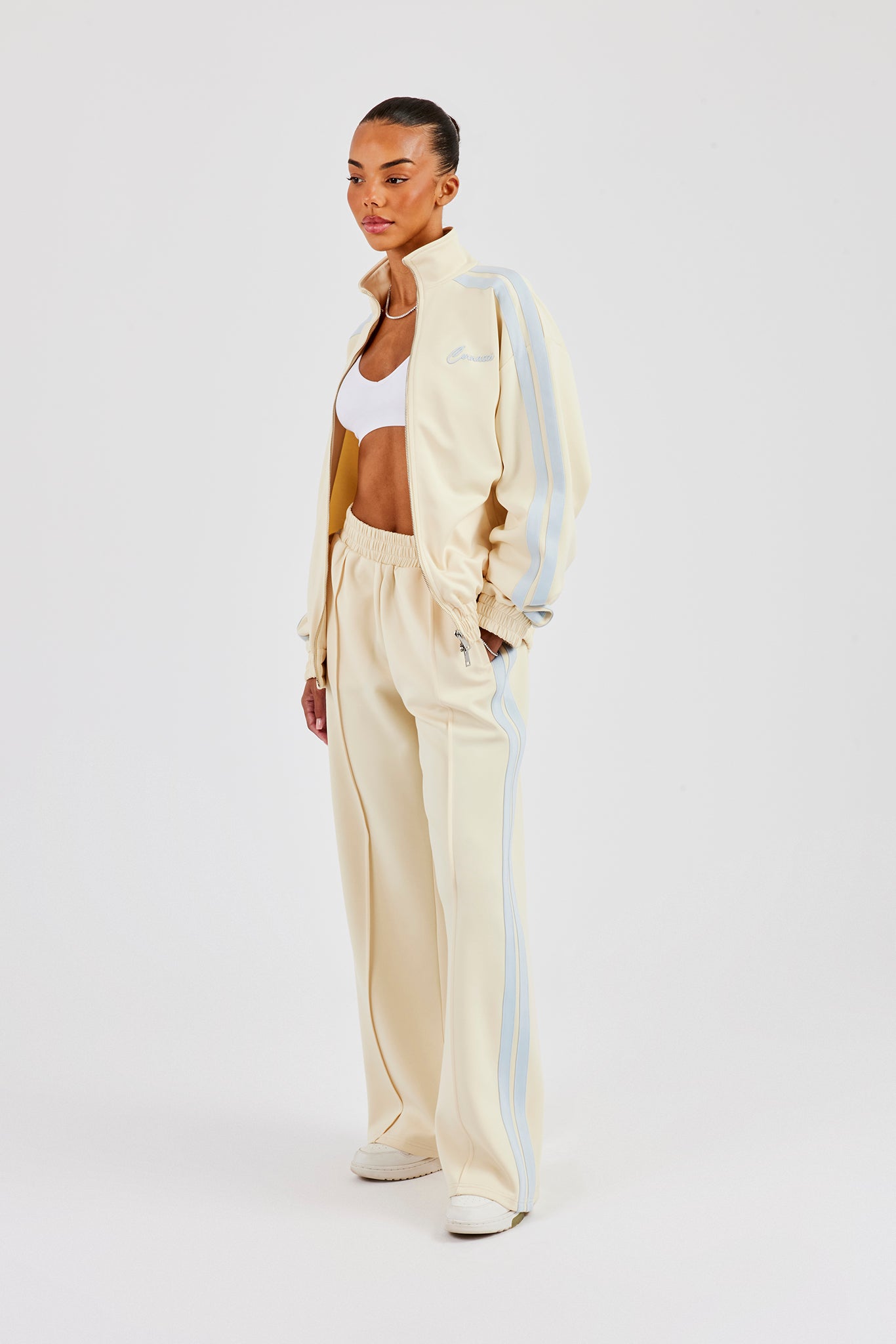 Funnel Neck Taping Zip Through Track Jacket & Wide Leg Pant