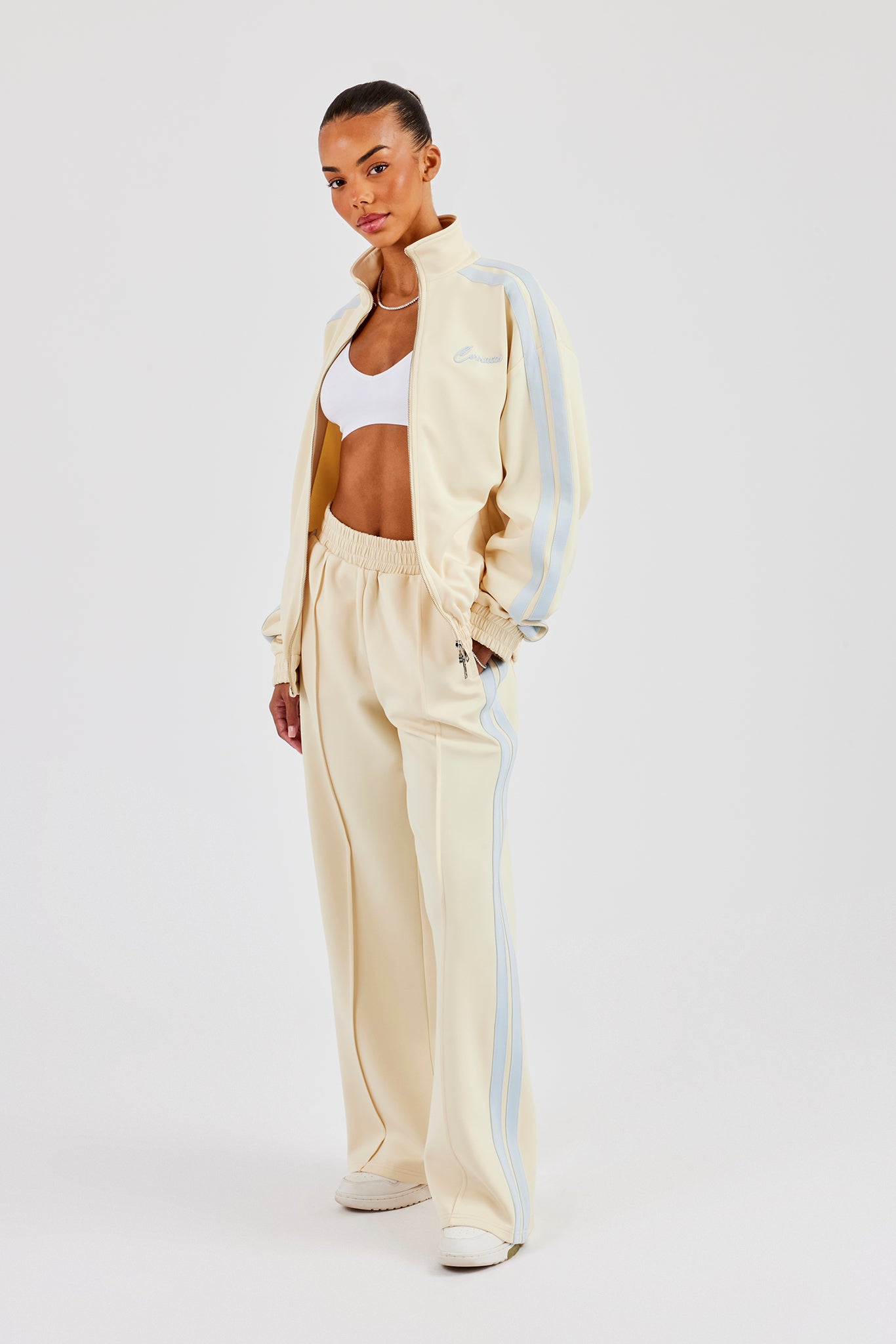 Funnel Neck Taping Zip Through Track Jacket & Wide Leg Pant - Butter Yellow