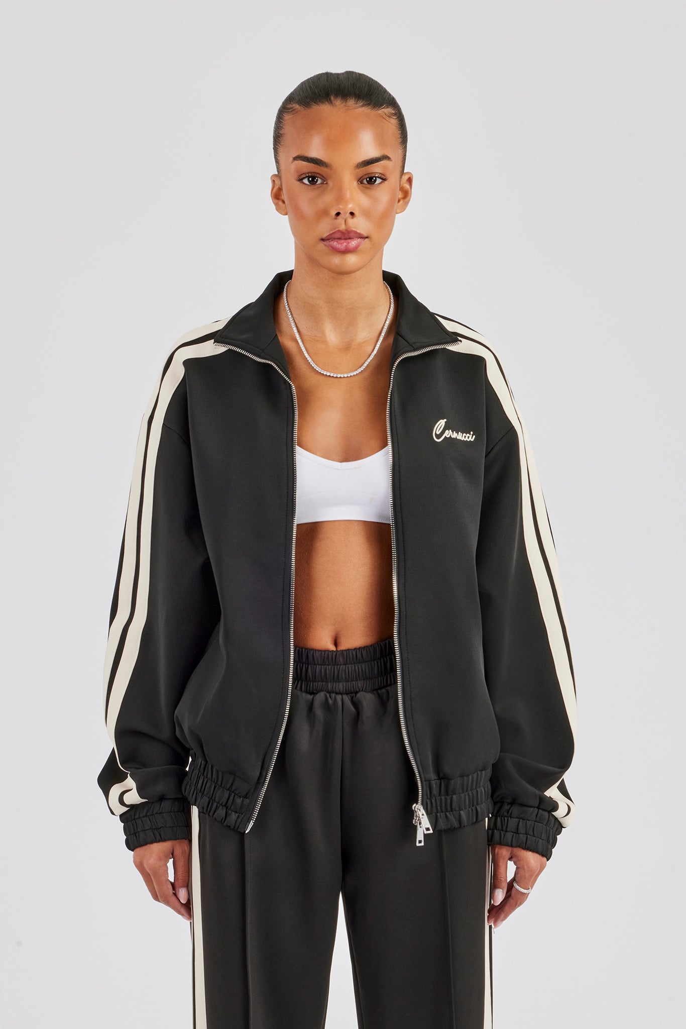 Funnel Neck Taping Zip Through Track Jacket - Black