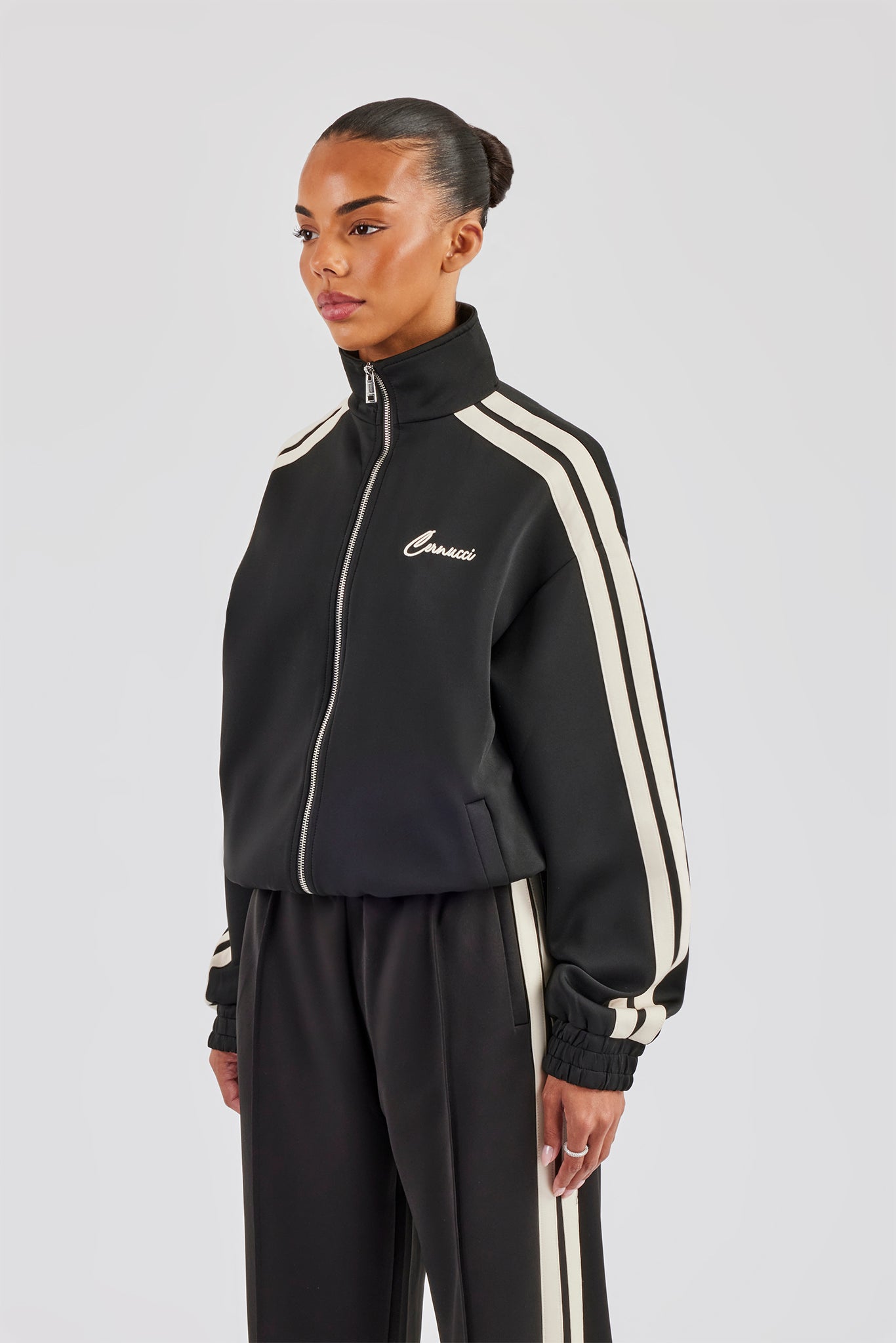 Funnel Neck Taping Zip Through Track Jacket - Black