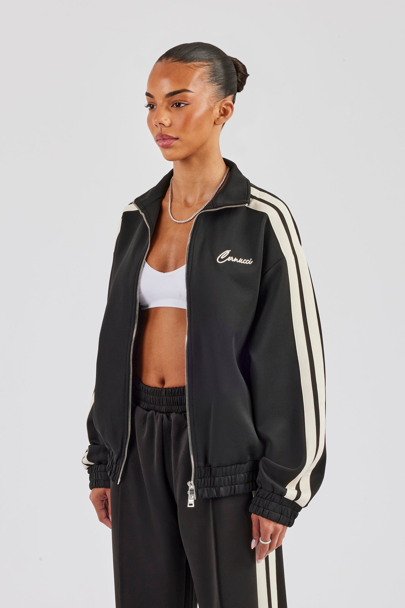 Funnel Neck Taping Zip Through Track Jacket - Black