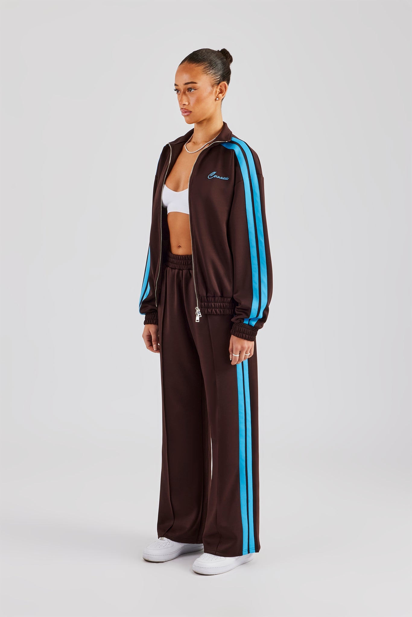 Funnel Neck Blue Taping Zip Through Tracksuit - Chocolate | Womens