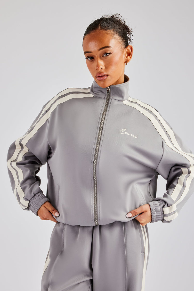 Funnel Neck Taping Zip Through Track Jacket - Grey