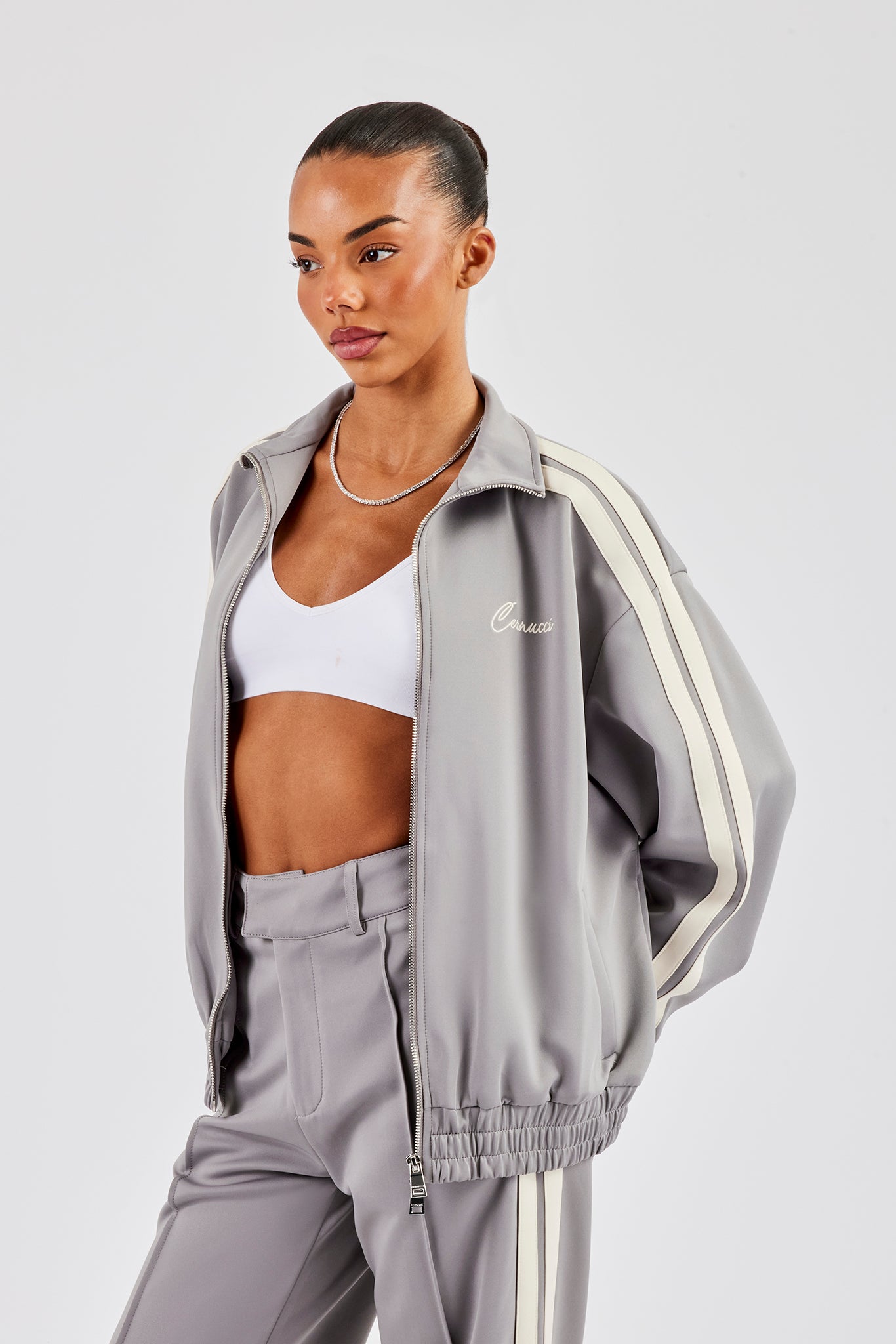 Funnel Neck Taping Zip Through Track Jacket - Grey