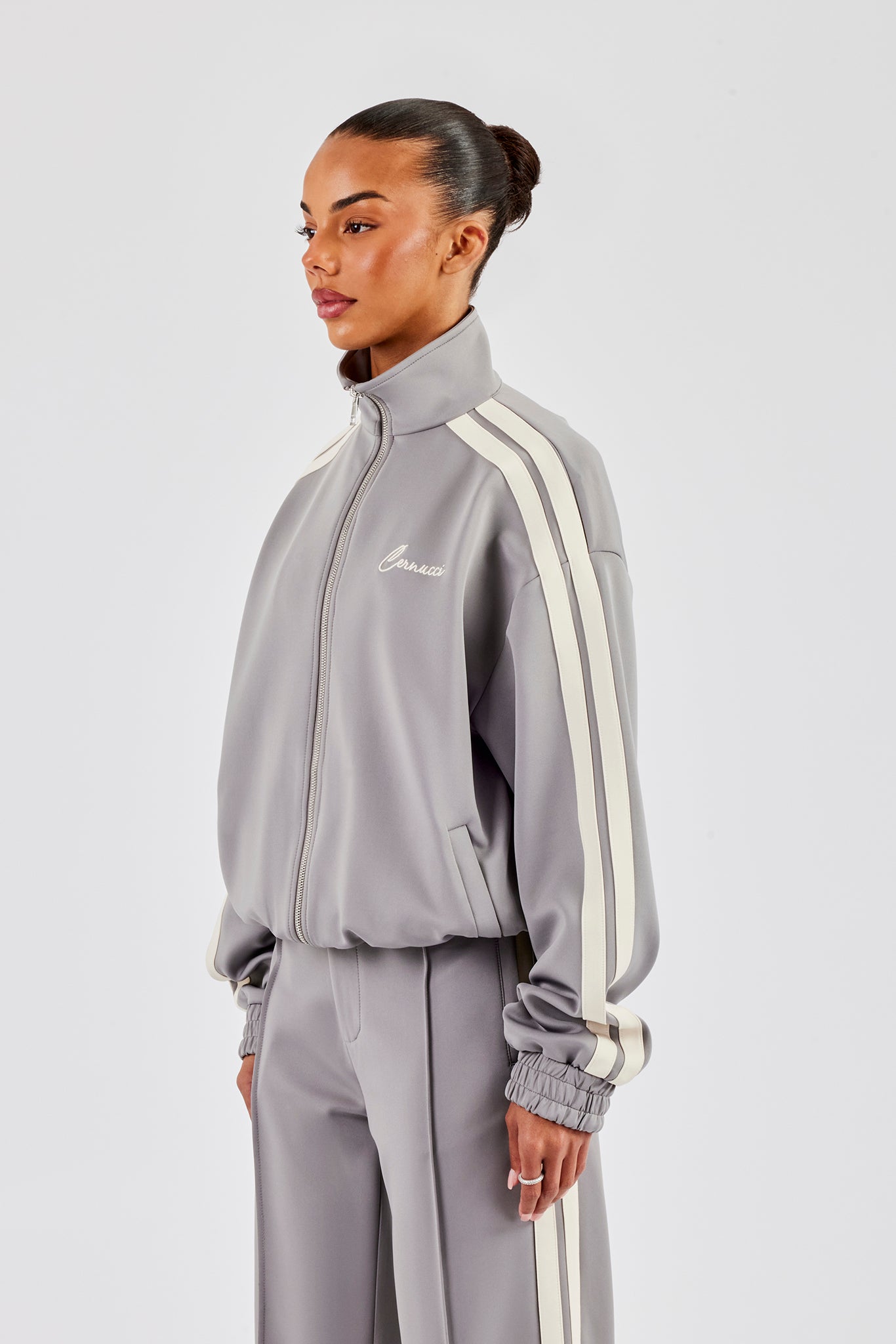 Funnel Neck Taping Zip Through Track Jacket - Grey