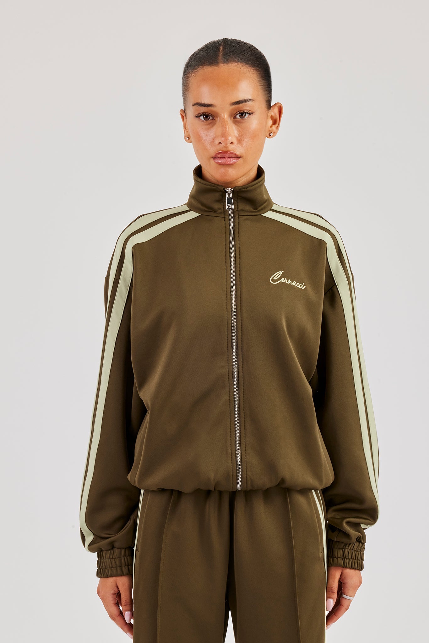 Funnel Neck Taping Zip Through Track Jacket - Khaki | Womens