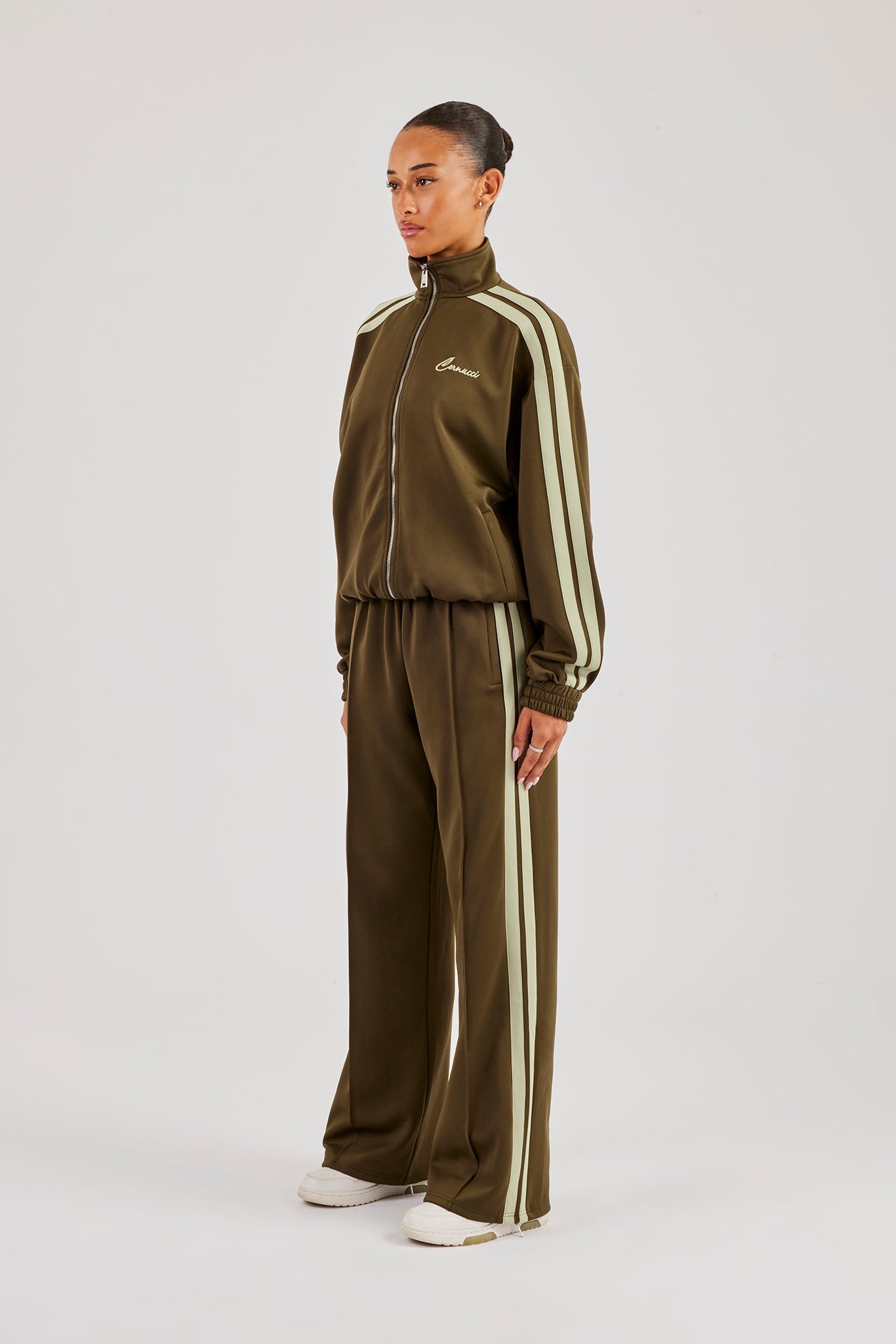 Funnel Neck Taping Zip Through Tracksuit - Khaki