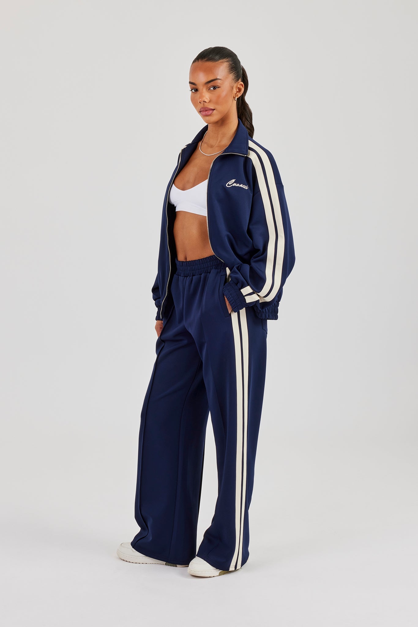 Funnel Neck Taping Zip Through Track Jacket & Wide Leg Pant - Navy