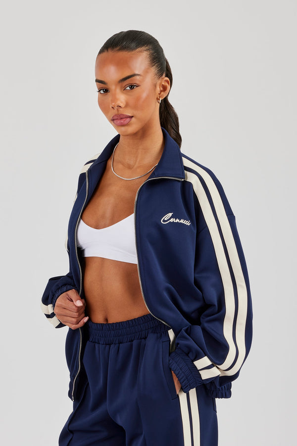 Funnel Neck Taping Zip Through Track Jacket - Navy Blue