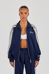 Funnel Neck Taping Zip Through Track Jacket - Navy Blue