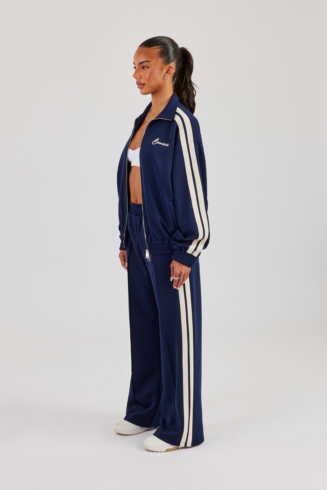 Funnel Neck Taping Zip Through Track Jacket & Wide Leg Pant - Navy