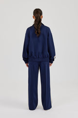 Funnel Neck Taping Zip Through Track Jacket & Wide Leg Pant - Navy Blue