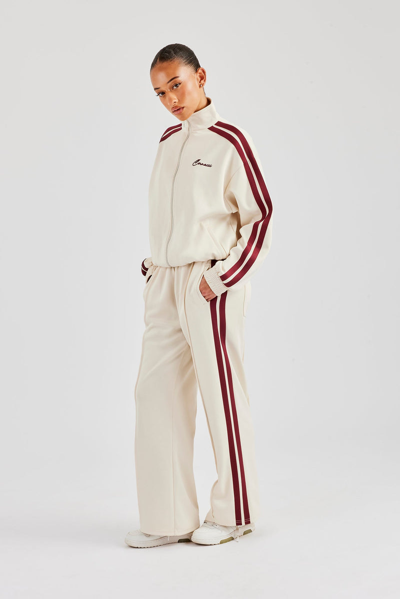 Funnel Neck Burgundy Taping Zip Through Tracksuit - Off White