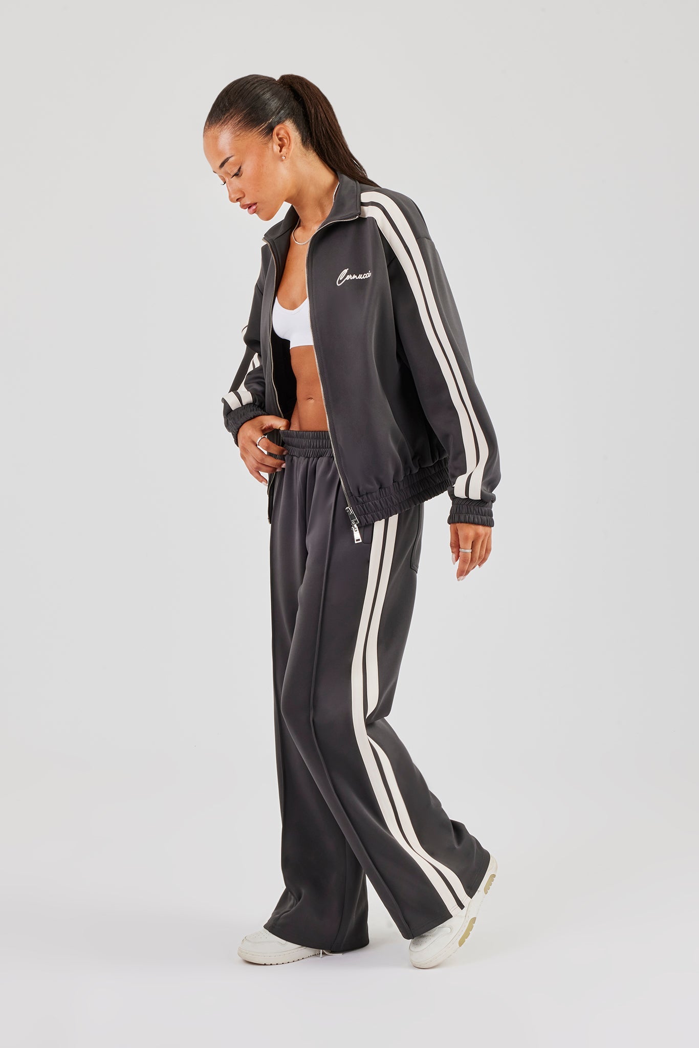 Funnel Neck Taping Zip Through Track Jacket & Wide Leg Pant - Charcoal