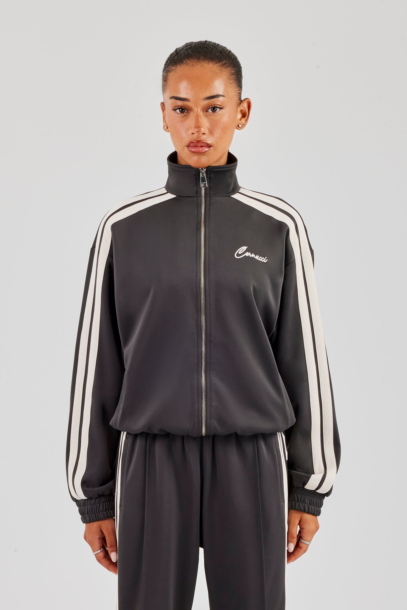 Funnel Neck Taping Zip Through Track Jacket - Charcoal