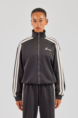 Funnel Neck Taping Zip Through Track Jacket - Charcoal