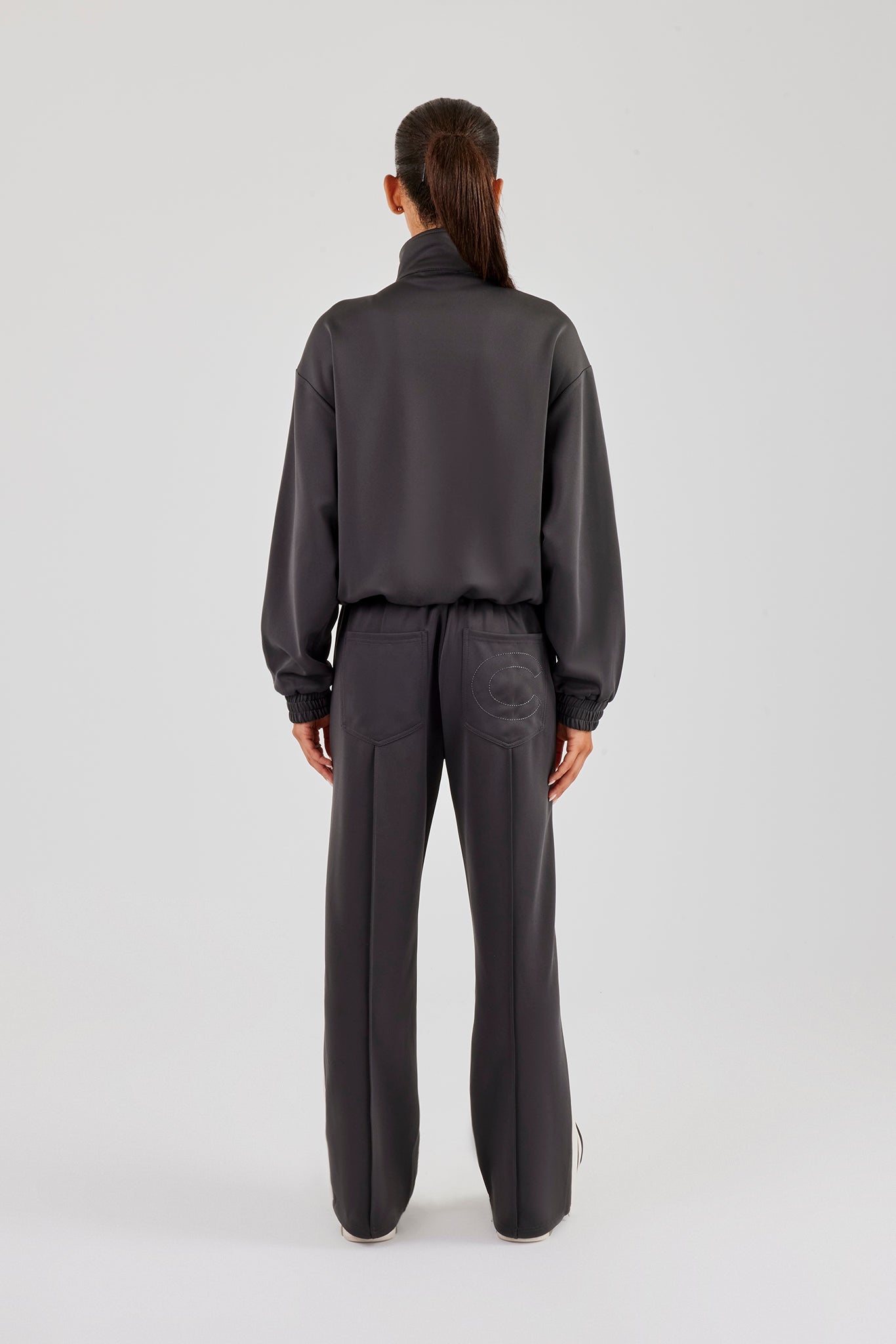 Funnel Neck Taping Zip Through Track Jacket & Wide Leg Pant - Charcoal