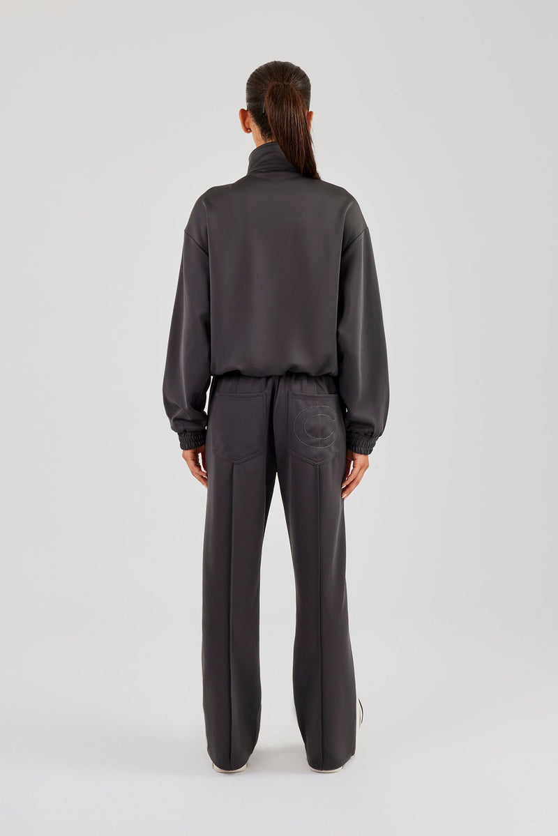 Funnel Neck Taping Zip Through Track Jacket & Wide Leg Pant - Charcoal