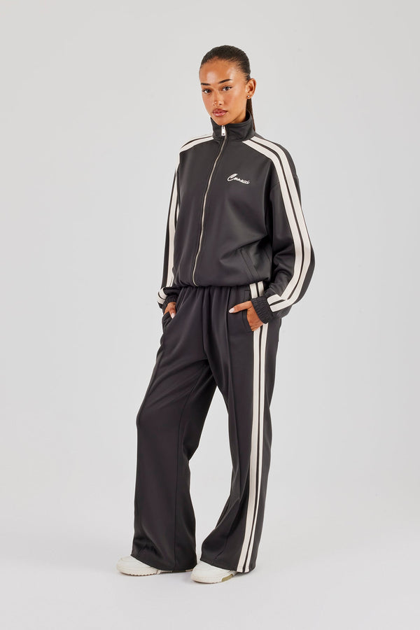 Funnel Neck Taping Zip Through Track Jacket & Wide Leg Pant - Charcoal