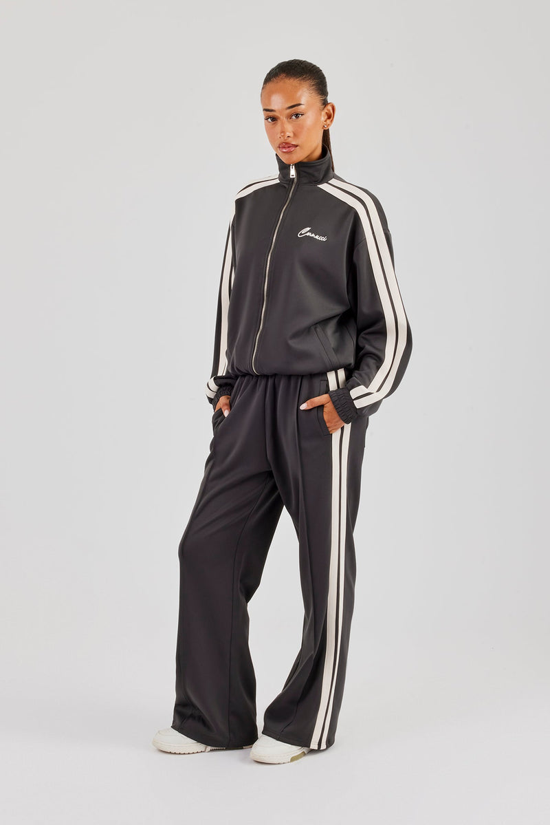 Funnel Neck Taping Zip Through Track Jacket & Wide Leg Pant - Charcoal