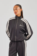 Funnel Neck Taping Zip Through Track Jacket - Charcoal
