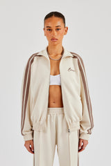 Funnel Neck Taupe Taping Zip Through Jacket - Off White