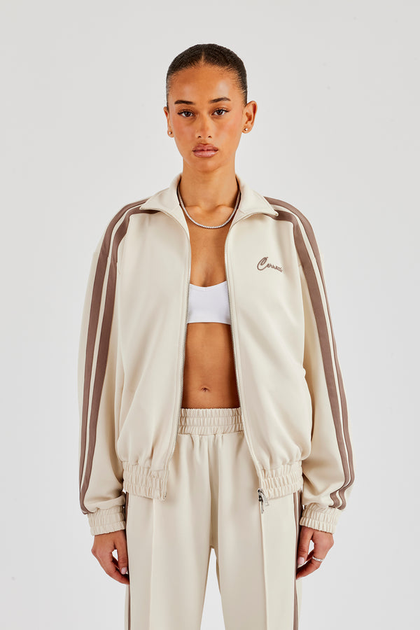 Funnel Neck Taupe Taping Zip Through Jacket - Off White