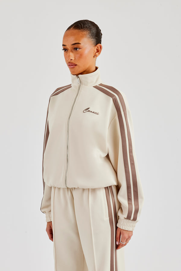 Funnel Neck Taupe Taping Zip Through Jacket - Off White
