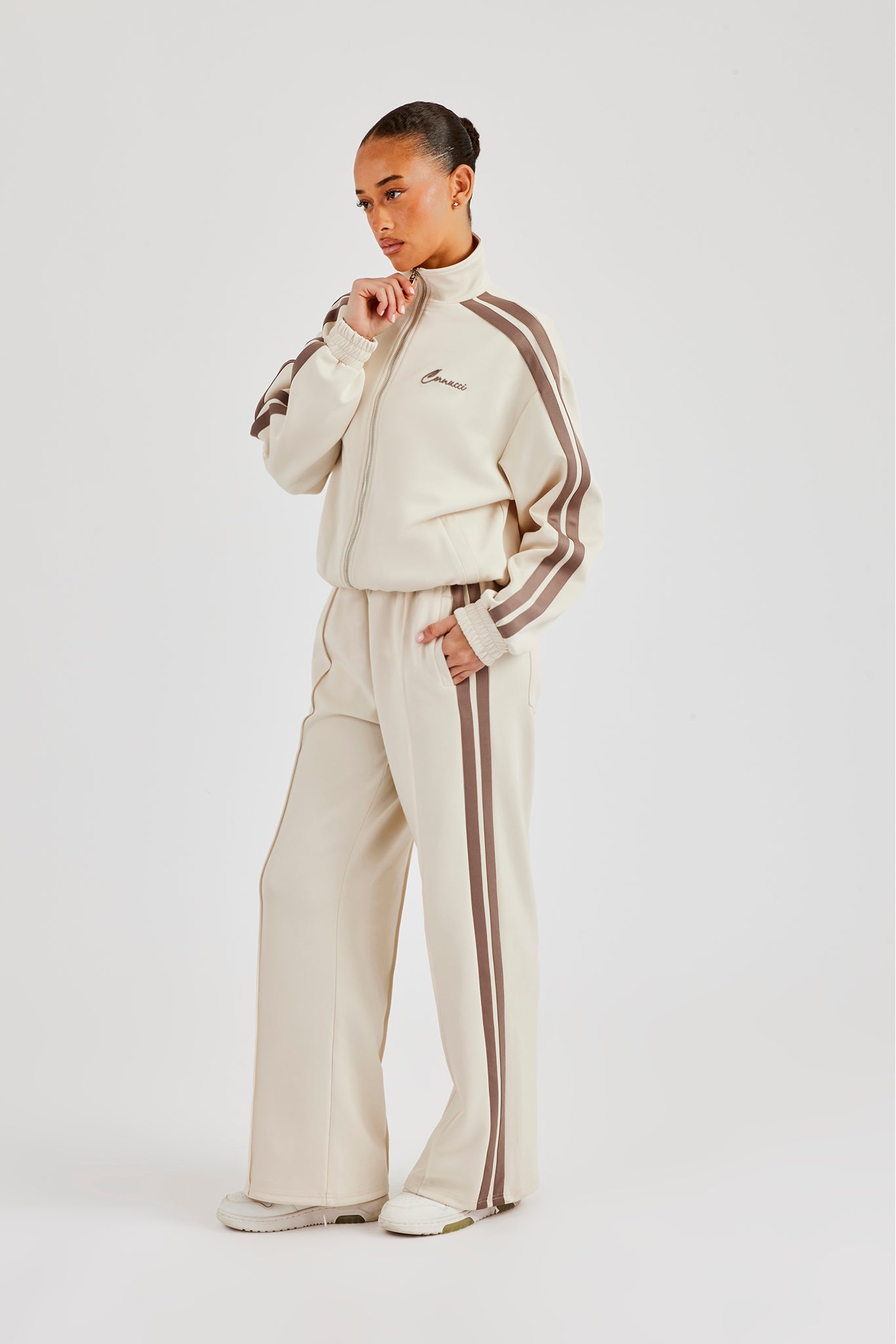 Funnel Neck Taupe Taping Zip Through Jacket - Off White