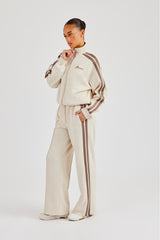 Funnel Neck Taupe Taping Zip Through Jacket - Off White
