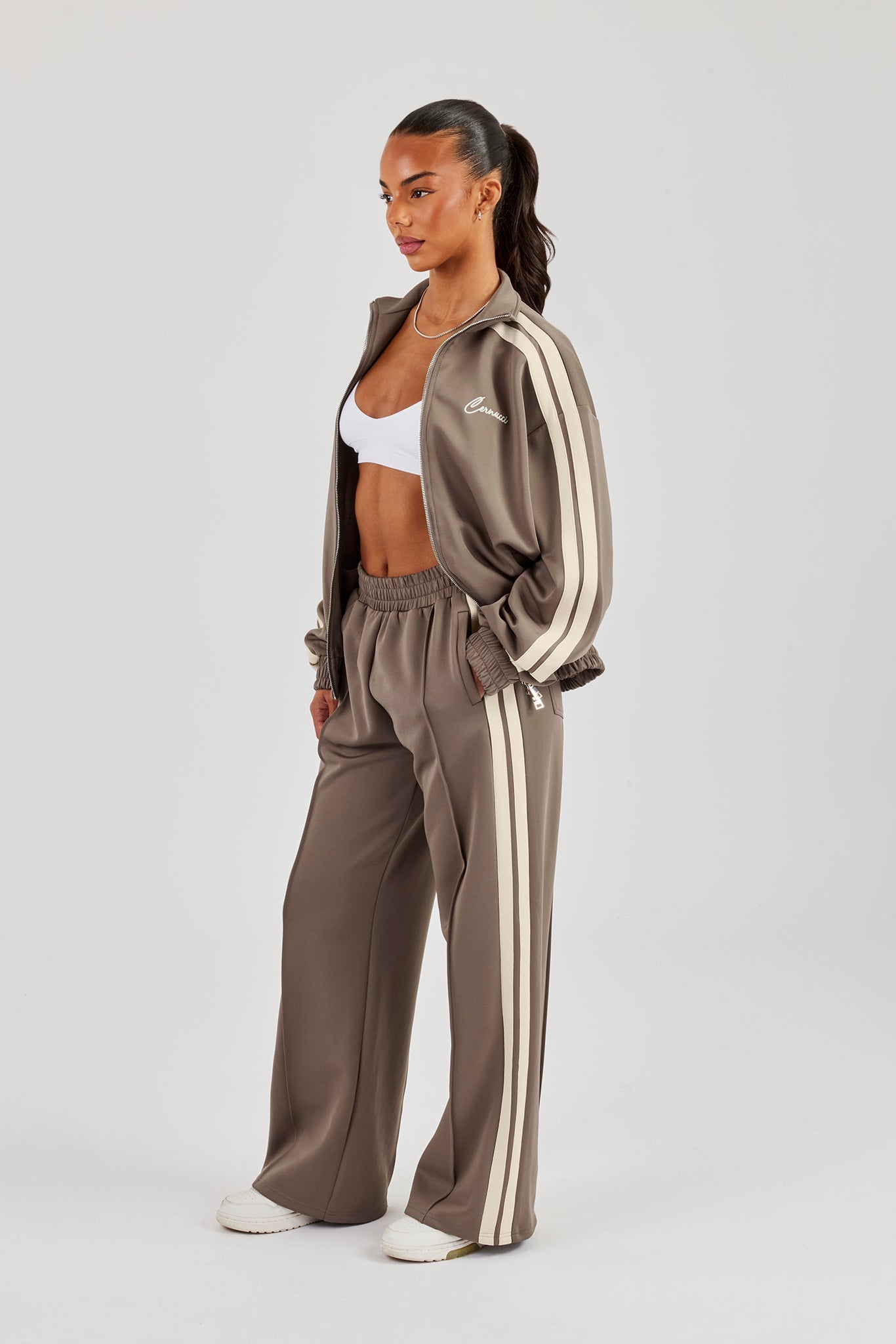 Funnel Neck Taping Zip Through Track Jacket & Wide Leg Pant - Taupe