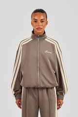 Funnel Neck Taping Zip Through Track Jacket - Taupe