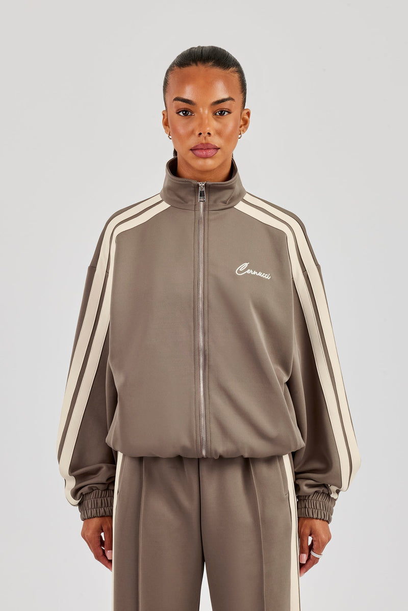 Funnel Neck Taping Zip Through Track Jacket - Taupe