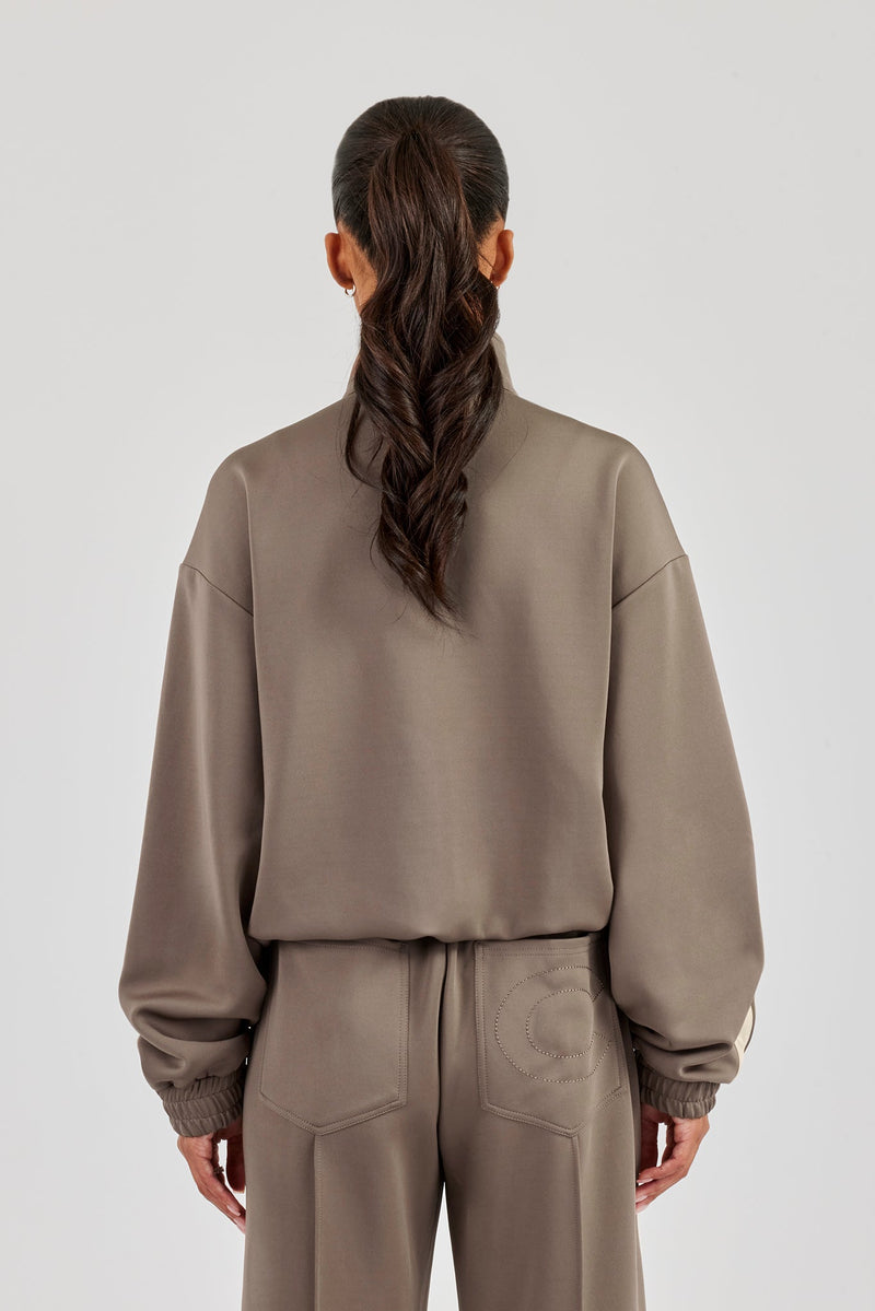 Funnel Neck Taping Zip Through Track Jacket - Taupe