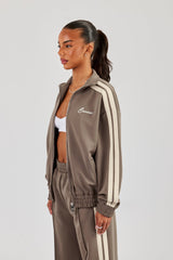 Funnel Neck Taping Zip Through Track Jacket - Taupe