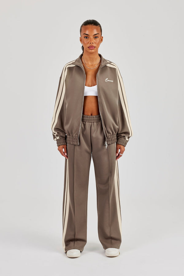 Funnel Neck Taping Zip Through Track Jacket & Wide Leg Pant - Taupe