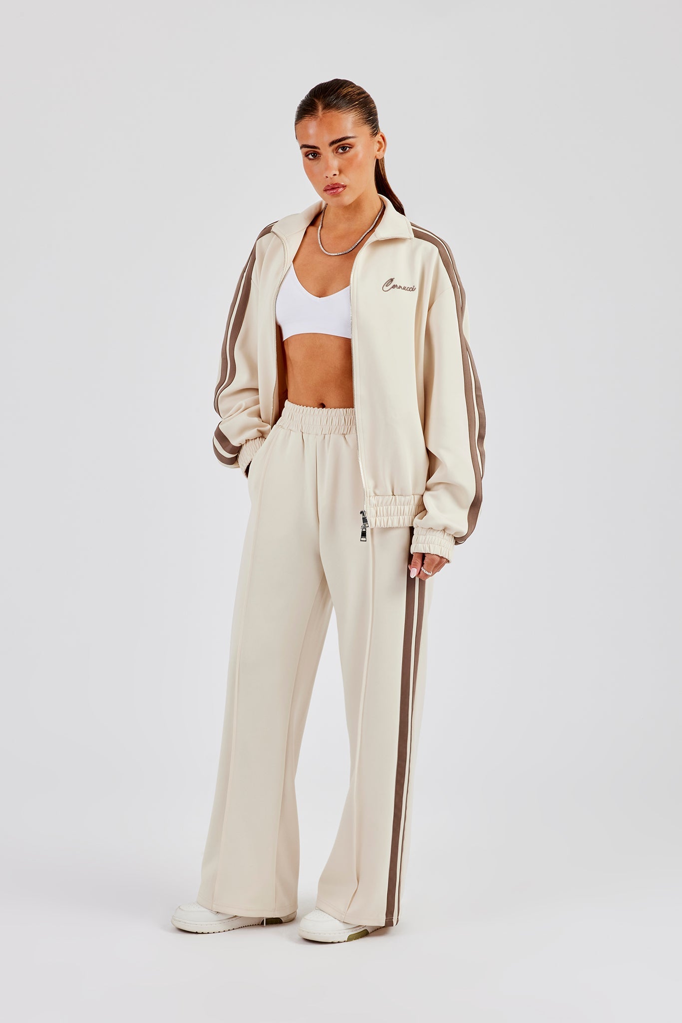 Taupe Taping Wide Leg Track Pant - Off White