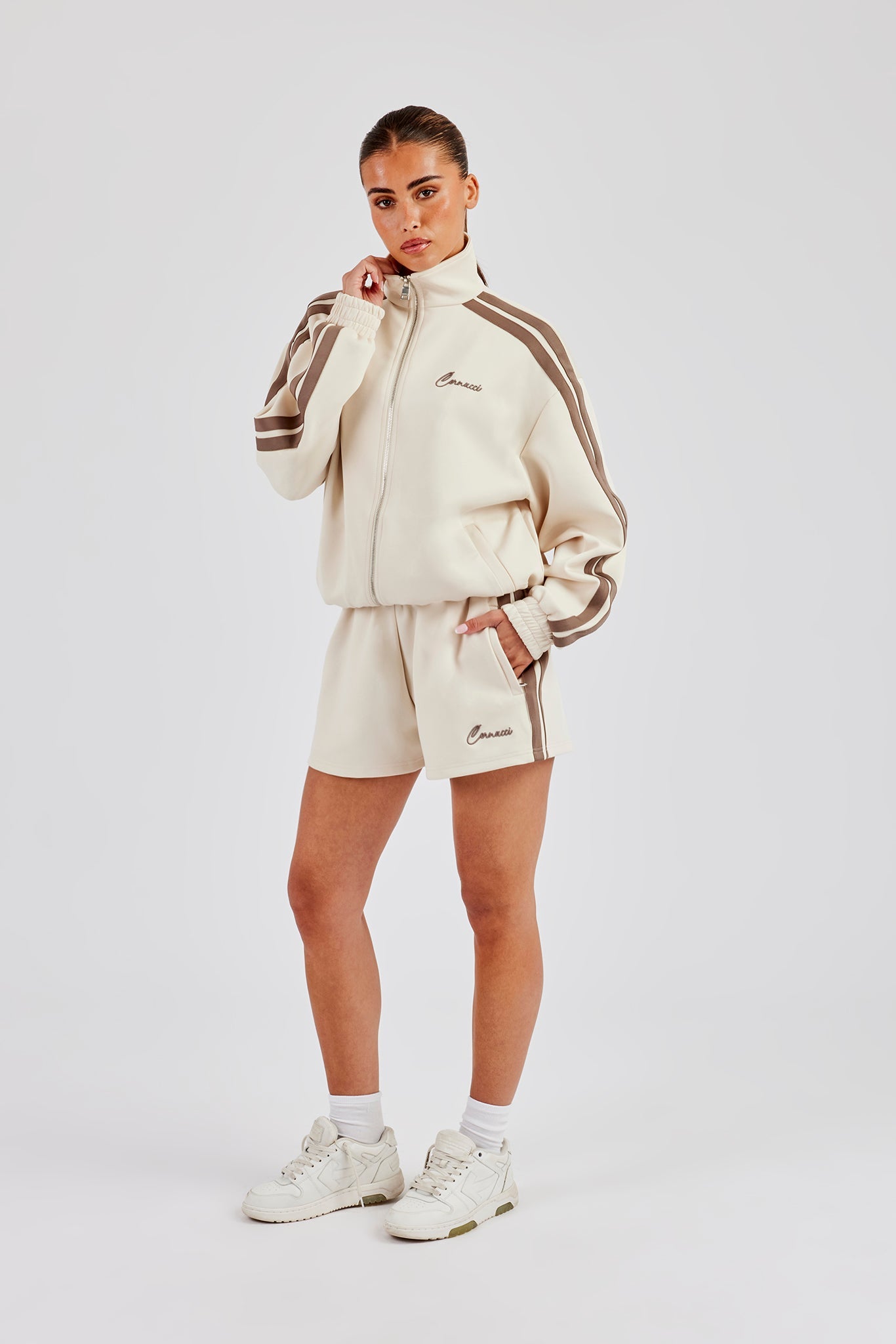 Funnel Neck Taping Zip Through Jacket & Short - Off White