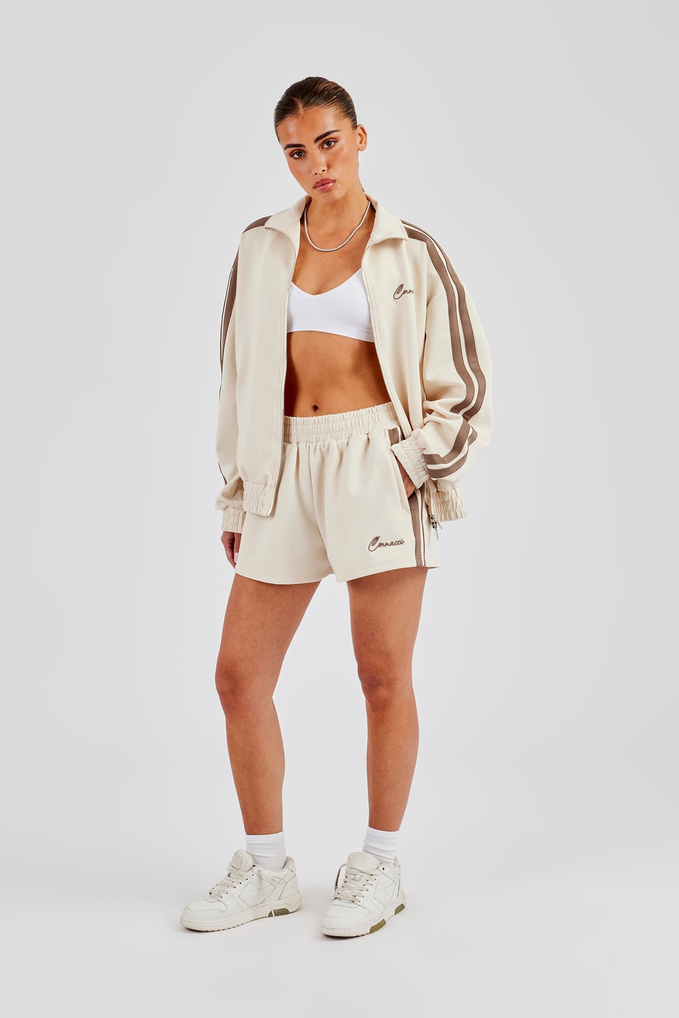 Funnel Neck Taping Zip Through Jacket & Short - Off White