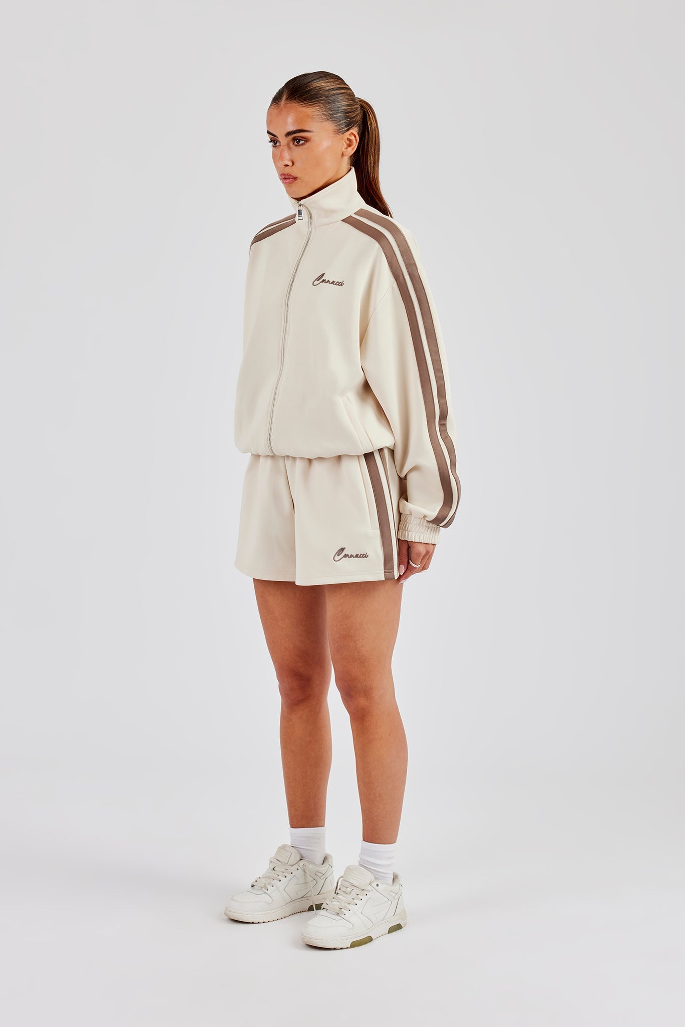 Funnel Neck Taping Zip Through Jacket & Short - Off White
